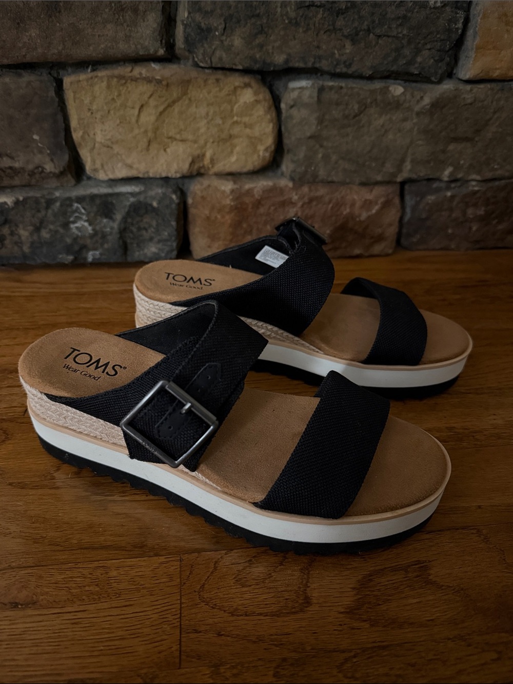 TOMS Black Two‑Band Platform Sandals with Buckle